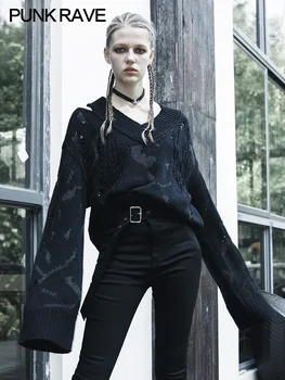 

PUNK RAVE Punk State Design Sense Small Loose V-neck Sweater Female Super Long-sleeved Hole Sweater Knit Shirt