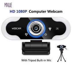 Webcam HD 1080P avec Microphone, caméra USB sans lecteur, éclairage annulaire LED, pour vidéo en direct 