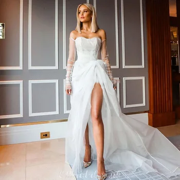 

2020 Beach White Long Prom Dress Robe de Soiree High Slit Luxury Tulle Floor Length Formal Evening Dress Party Gowns