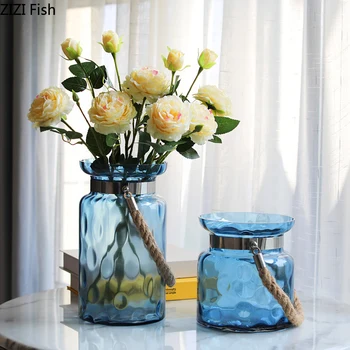 

Modern Minimalist Blue Glass Vase Creative Portable Hemp Rope Flower Decoration Guest Restaurant TV Cabinet Home Decoration