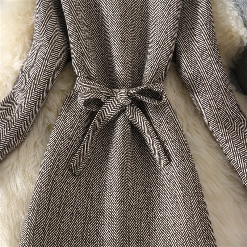 Осень-зима шерстяное платье Для женщин рюшами Винтаж полосатый полушерстяные платье женские пояса тонкий вечерние платья