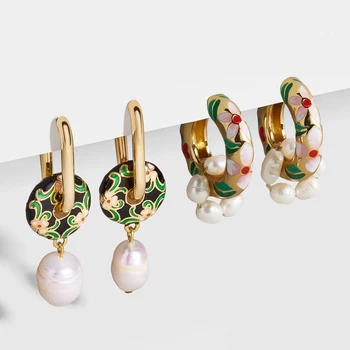 

Vintage Circle Geometric Flower Huggie Drop Earrings for Women Bohemian Round Pearl Statement Drop Earrings Party Enamel Jewelry