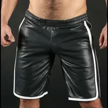 

Men's Sports Shorts PU Leather Male Clothing Sexy Real Black Soft Leather Gym Boxer Soft Black Pants