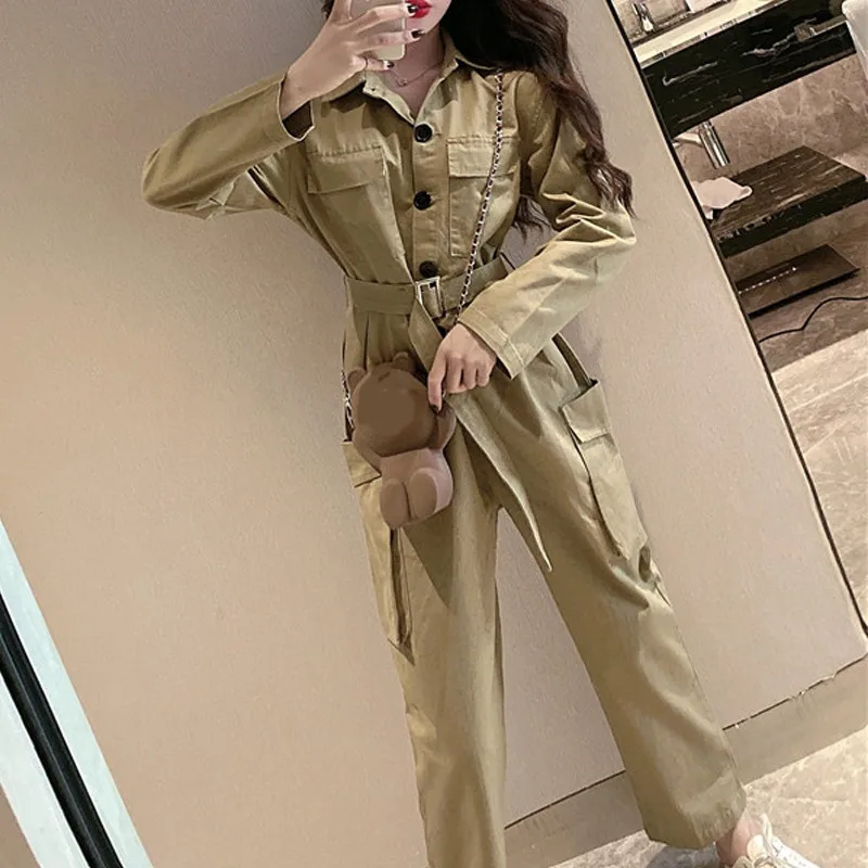 khaki women jumpsuit RealShe, боди для женщин,, с отворотом, с длинным рукавом, на пуговицах, однотонный, женский комбинезон, весенний, Повседневный, с карманами, комбинезон для женщин, элегантный - Цвет: khaki women jumpsuit