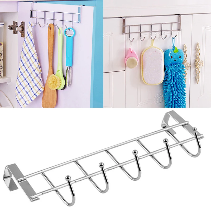Silver Five-Row Stainless Steel Hook Door-Back Traceless Hook Clothes Hanger Hooks Kitchen Bedroom Door Rack Towel Holder