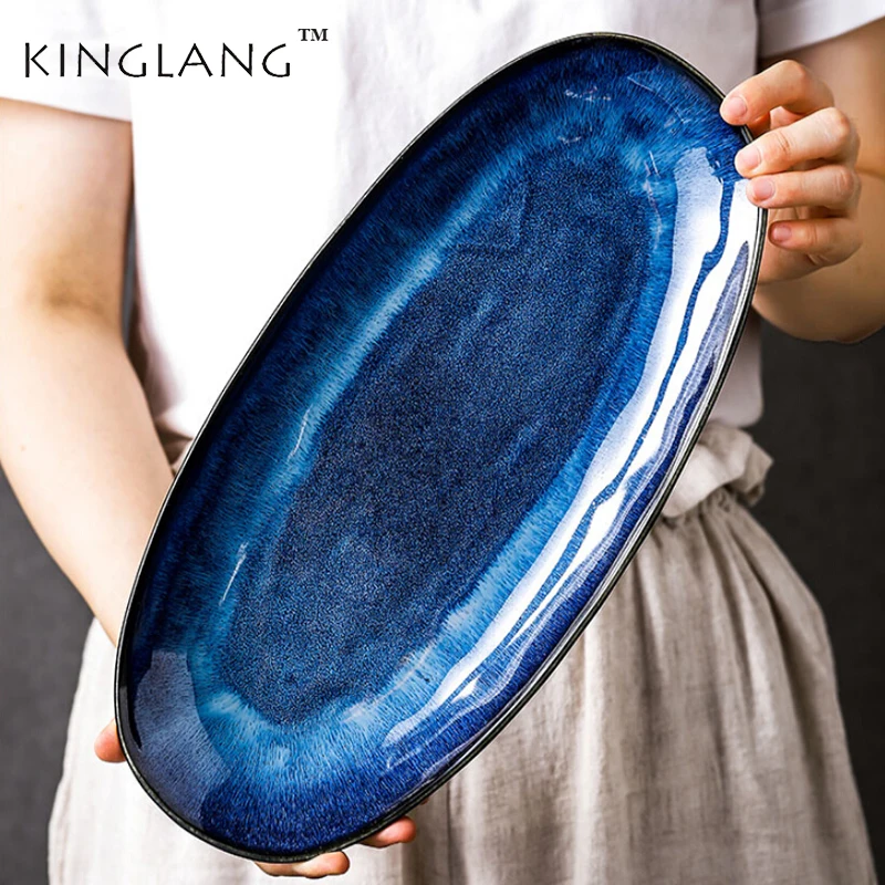 KINGLANG японская печь глазурованная синяя длинная тарелка Бытовая с паром для рыбы