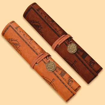 

Portable Retro Vintage Canvas PU Leather Roll Up Pen Pencil Bag Case Cosmetic Holders Pouch for Writers Artists Students Girls