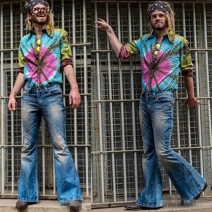 

Джинсы-клеш мужские расклешенные, модные брюки из денима, классические дизайнерские штаны в стиле панк, штаны из денима с колокольчиком, эластичные