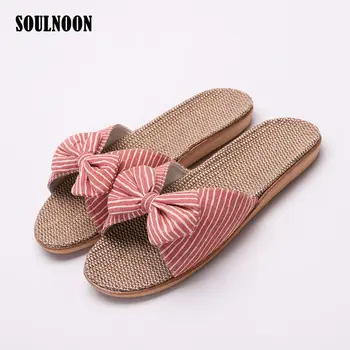 

Lovely Bowtie Women Slippers Lightweight Home Slippers Soft Bottom Flax Slides Slip-on Indoor Linen Slides Summer Female Sandals