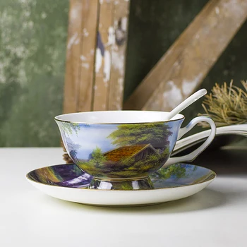 

European Style Landscape Oil Painting Coffee Cup And Saucer Bone China Teacup Sets With Spoon Party Wedding Gifts