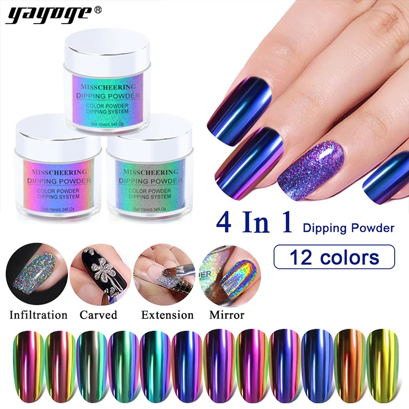 YAYOGE 4 In 1 Dipping Powder Nails Mirror Acrylic Carving Gradient Chameleon Powder Extension Polym