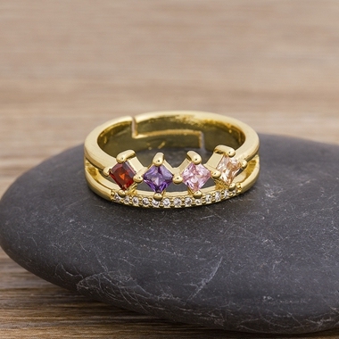 Fashion 12 Styles Multi-layer Wide Rainbow Crystal Rings for Women Adjustable Copper CZ Opening Geometric Ring Jewelry