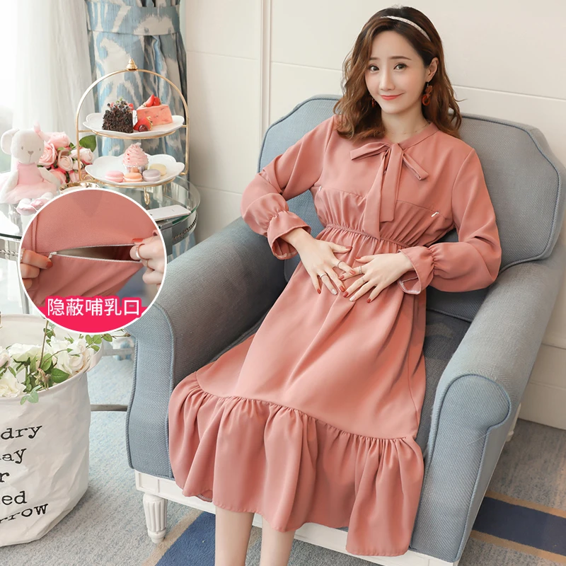 

1961# 2020 Spring Fashion Maternity Nursing Long Dress Breastfeeding Clothes for Pregnant Women Sweet Pregnancy Feeding Clothing