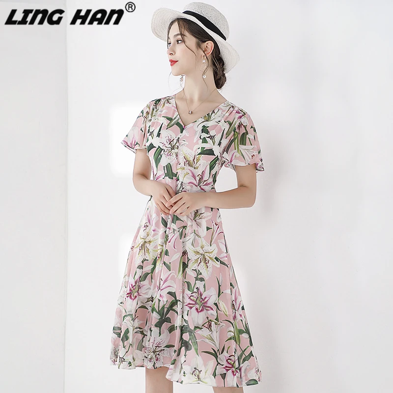 LING HAN Модное шифоновое платье женское платье с рукавом-бабочкой и цветочным принтом, элегантное платье на бретелях