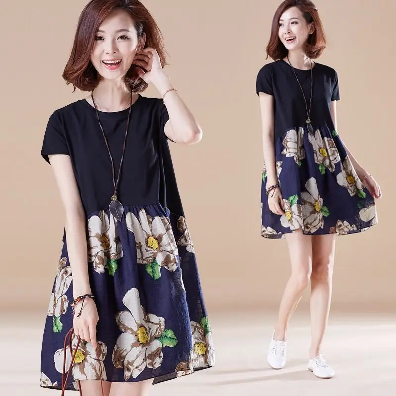 

2019 Summer New Style Fat Mm Plus-sized Short-sleeve Dress Loose-Fit Mid-length Casual A- line Skirt Women's Fashion