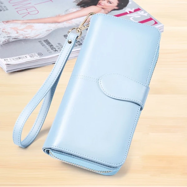 ACELURE Solid Color Women Long Wallets Simple Style Zipper& Hasp Purse With Card Holder Oil Wax Pu Leather Ladies Daily Wallet - Цвет: Sky Blue