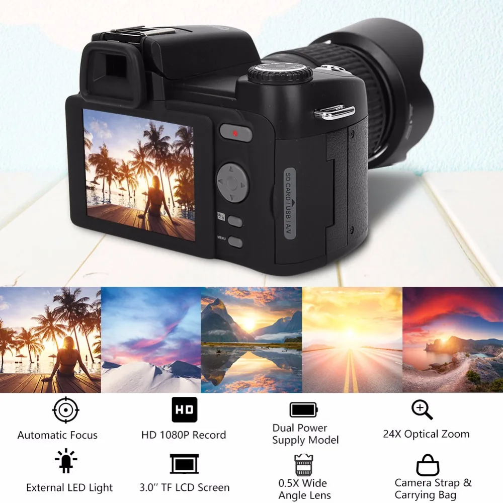 D7200 HD 1080P Digital Camera 3in Color Screen 33MP DSLR Camcorder with 0.5X Wide Angle Lens+ 16-24X Telephoto Lens+ LED Light