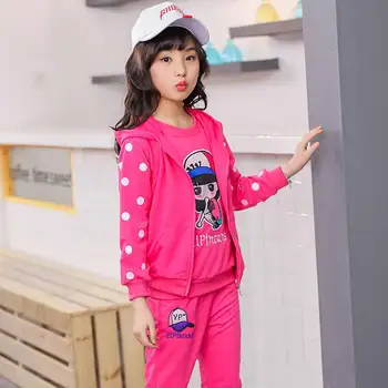

2019 New Big Girls Coat+t Shirt+pant 3 Pc Sport Sets Children Clothes Sets Spring and Autumn Leisure Girls Cartoon Clothing