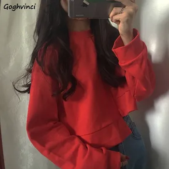 

Hoodies Women Simple Solid Plus Velvet Warm Thicker Korean Style O-Neck Womens Fashion Sweatshirts Leisure Students Pullover