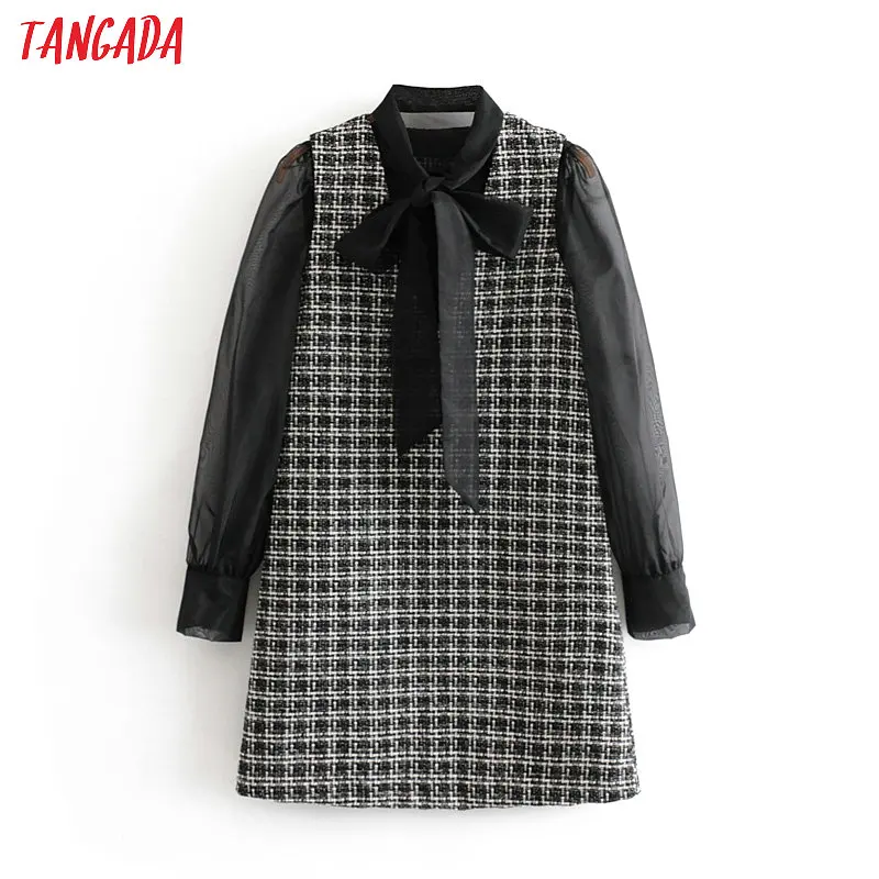 Skup Tangada kobiety sukienka w kratę mesh z długim rękawem muszka szyi 2019 vintage kobieta biurowa, o średniej długości sukienka vestidos feminina 3H113