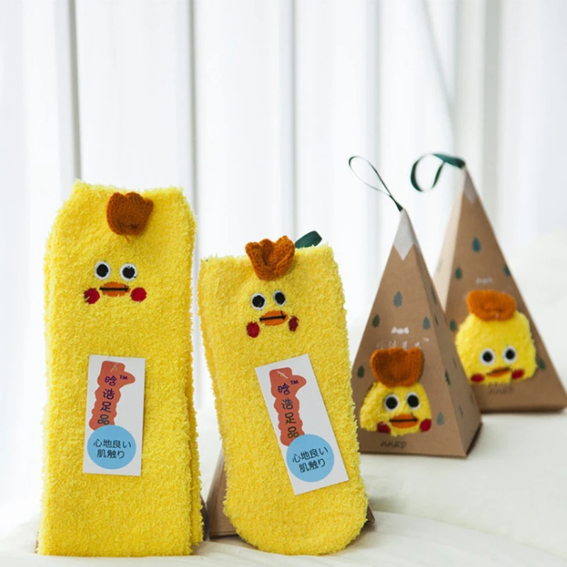 Милые рождественские носки в виде животных, подарок, объемные пушистые коралловые бархатные толстые теплые зимние носки для женщин, подарок на год, носки с коробкой