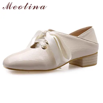 

Meotina High Heels Women Shoes Patent Leather Cutout Thick Heel Shoes Lace Up Square Toe Pumps Female Black White Big Size 33-43