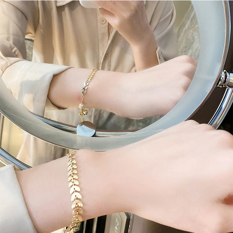 Stainless Steel Gold Leaves Pearl Bracelets For Women Vintage Gift Fashion Jewelry Fashion Bracelet