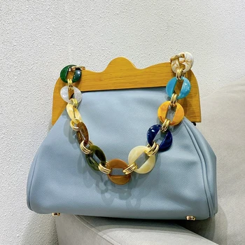 

Fashion Wooden Clip Bags For Women Shoulder Bag Acrylic Chain Shell Women's Handbag Casual Solid Lady Hand Bags Women's Bag 2020