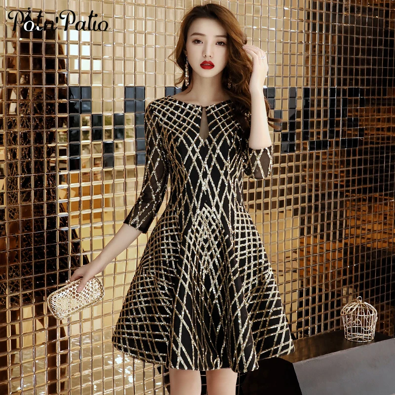 

Shiny Sequined Short Prom Dresses With Long Sleeves 2019 Sexy Backless A-line Black Girl Prom Dresses
