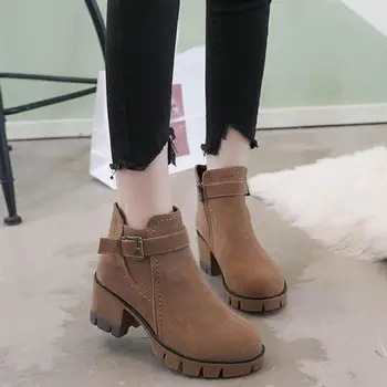 

Women Short Boots Suede Upper Chunky Block Heel Non Slip Ankle Boots with Convenient Zipper Closure for Autumn Winter