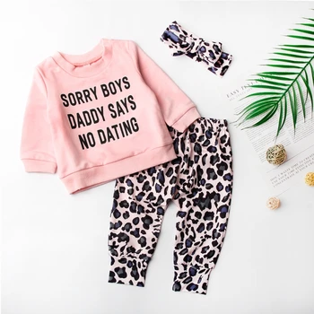 

Cute Outfit Baby's Girl Sets Sweet Girls Long Sleeved Letter Print T-Shirt Leopard Trousers Hair Band Toddler Girls Clothes