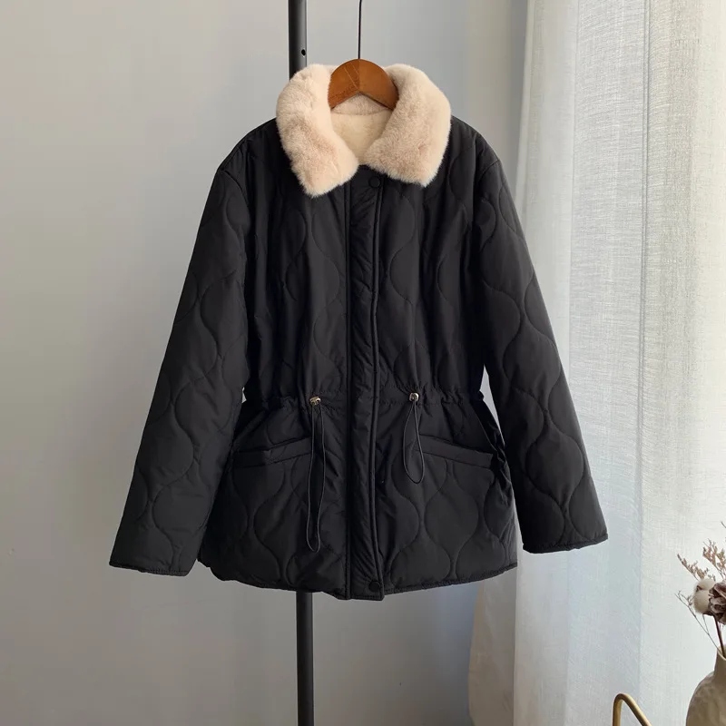 Меховая пуховая парка, Женское зимнее утепленное флисовое пальто, на завязках, хорошее качество, Harajuku, на молнии, шерстяная подкладка, куртка с карманом