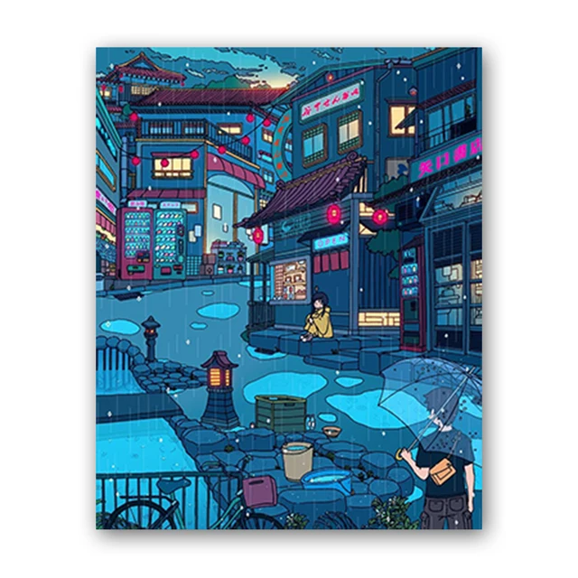 Canvas Wall Art Cartoon View Street Prints Poster Home Decoration Night Tree Manga Cute Painting For Bedroom Modular Pictures J-Night-Tree-6