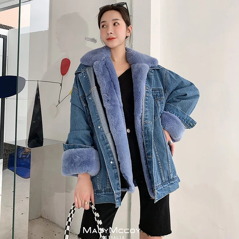 

Rex Rabbit Fur Women Coat 2019 Winter Fashion Natural Real Fur Jacket Female Outerwear Denim Removable