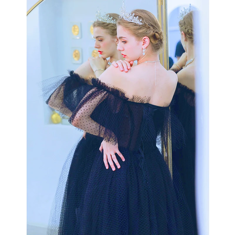 It's Yiiya Evening Dress Black Elegant Sexy Off Shoulder Floor Length Dresses Black Ruffles Party Formal Dresses E918