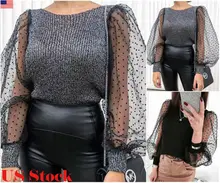 ^^Best Offers Women See-through Puff Sleeve Sweater Knit Stitching Organza Solid Color Round Neck Sweater Women's Mesh Dot Long Sleeve Blouse ^^Best Offers Women See-through Puff Sleeve Sweater Knit Stitching Organza Solid Color Round Neck Sweater Women's Mesh Dot Long Sleeve Blouse