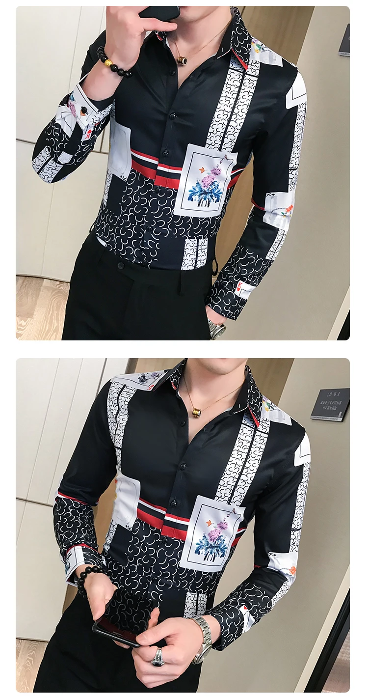 Осень, мужская рубашка с принтом, длинный рукав, Camisa Masculina, высокое качество, Мужская Уличная приталенная рубашка, мужские вечерние рубашки, смокинг