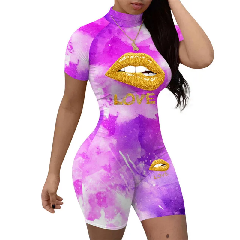 

Women New Sexy Lips Printed Tie Dyeing Playsuit Rompers Turtleneck Bodycon Shorts Pants Summer Multi-color Short Sleeve Rompers