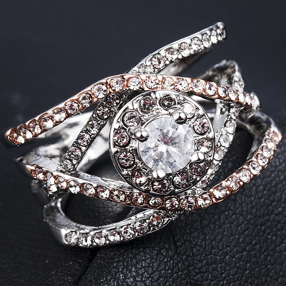 Женские Элегантные вечерние двухцветные Свадебные кольца с кристаллами из страз, обручальное кольцо, ювелирное изделие, размер 6-10
