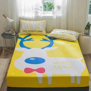 

Slowdream 1piece Fitted Sheet 100% Cotton Nordic Deer Elastic Band Rubber Sheet Mattress Cover Yellow Decoration Home Textiles