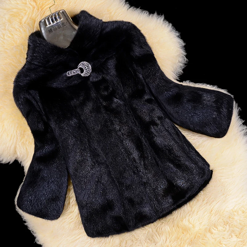 Черный Норковая шуба pelliccia donna, Женское пальто из искусственного меха, короткое пальто с воротником-стойкой, искусственная зимняя куртка с отделкой из меха, большие размеры 5XL 6XL - Цвет: Черный