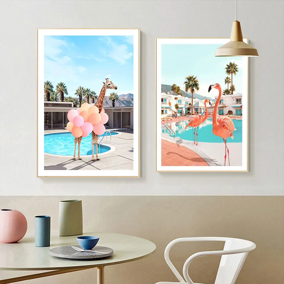 Nordic Style Canvas Painting Animal At Pool Poster Print Swimming Tiger And Pig Modern Pictures For Living Room Wall Art Decor