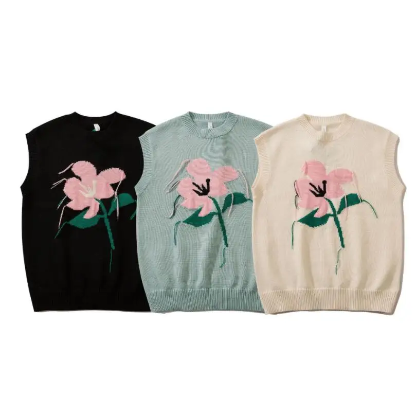 

Harajuku Floral Embroidery Knitted Sweater Vest Men 2021 Autumn Winter Oversized Sleeveless Pullover Man Vintage Street w2212