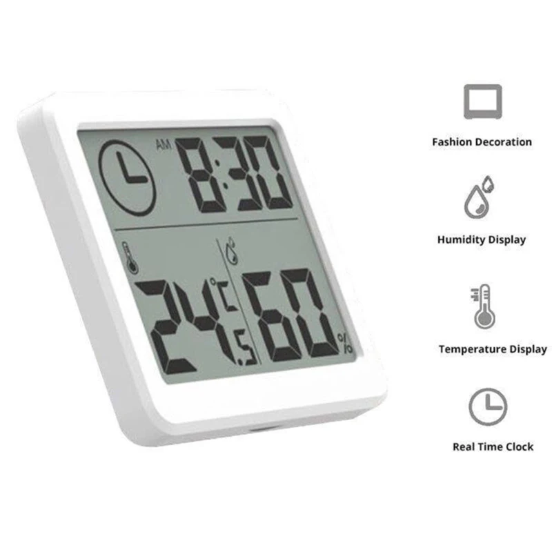 

2pcs/Set Square Electric LCD Screen Digital Thermometer White Clock Humidity Measurement Home Products Hygrometer