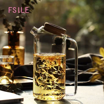 

FSILE Simple Fashion Cork Stopper Large Capacity Glass Cooler Heat-resistant Cold Water Bottle Glass Tie Pot Juice Pot Teapot