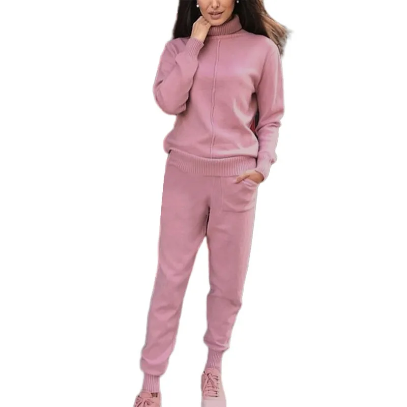 Новинка, Стильный трикотажный женский спортивный костюм, модный брендовый свитер с высоким воротом, джемпер, повседневный костюм, комплект из 2 предметов, трикотажные штаны, спортивный костюм - Цвет: Pink A