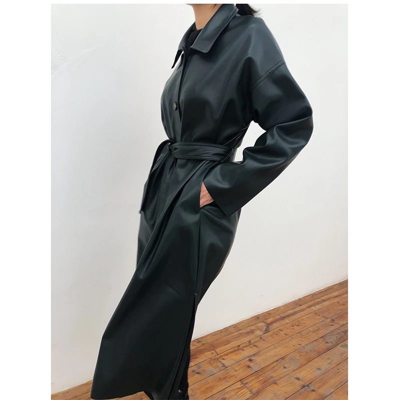 

FMFSSOM Autumn Winter X-long Sash Single Breasted Mid-Night Green Black Loose Women Lady Female Pu Leather Jacket