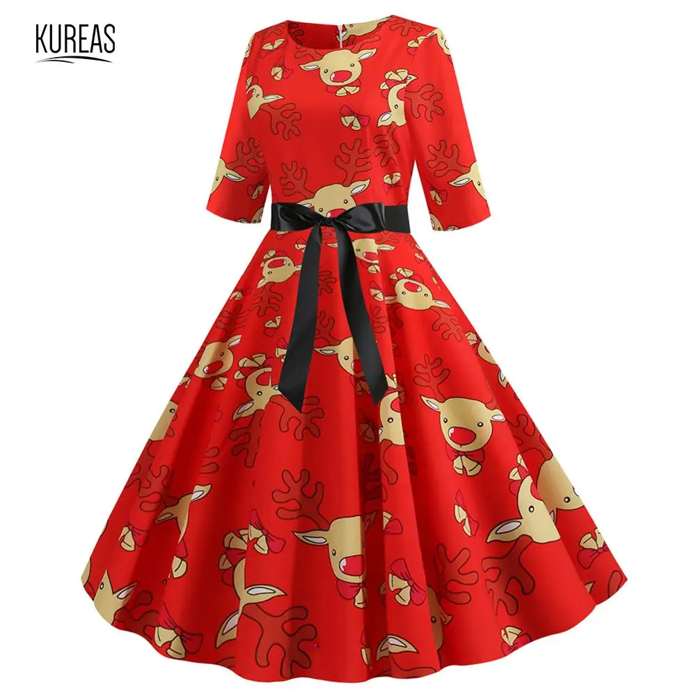 

Kureas Christmas Dress Women Warm Knitted Dresses Autumn Winter Half Sleeve Elegant Party Ball Gown Pleated Deer Gifts Printed