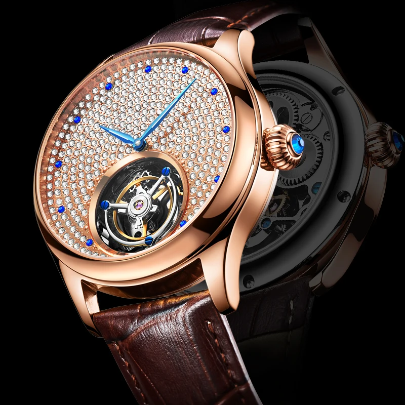 Реальные Tourbillon Механический ручной взвод сапфир Для мужчин s часы Топ бренд, роскошные ювелирные изделия из чистого Стразы Для мужчин из розового золота Relogio Masculino