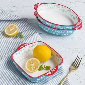 

Ceramic Baking Pan Cheese Baked Rice Bowl Double Ear Pasta Plate Household Vegetable Plate Baking Baking Bowl Baked Rice Plate